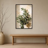 Olive Repose van Wandkraft op canvas in zwarte baklijst, in een licht Japandi interieur.