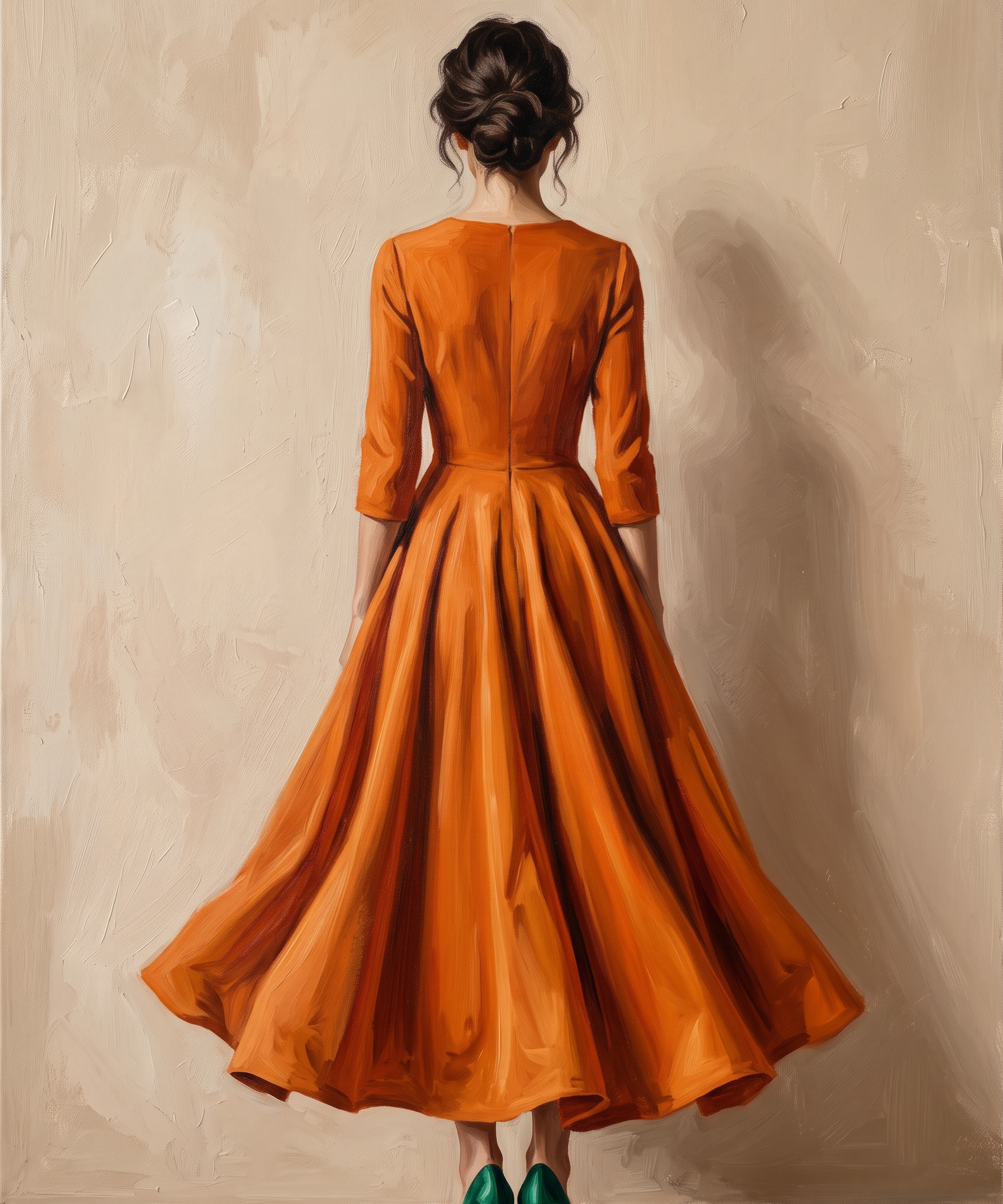 Orange Muse - schilderij van een vrouw op de rug in oranje jurk met groene hakken