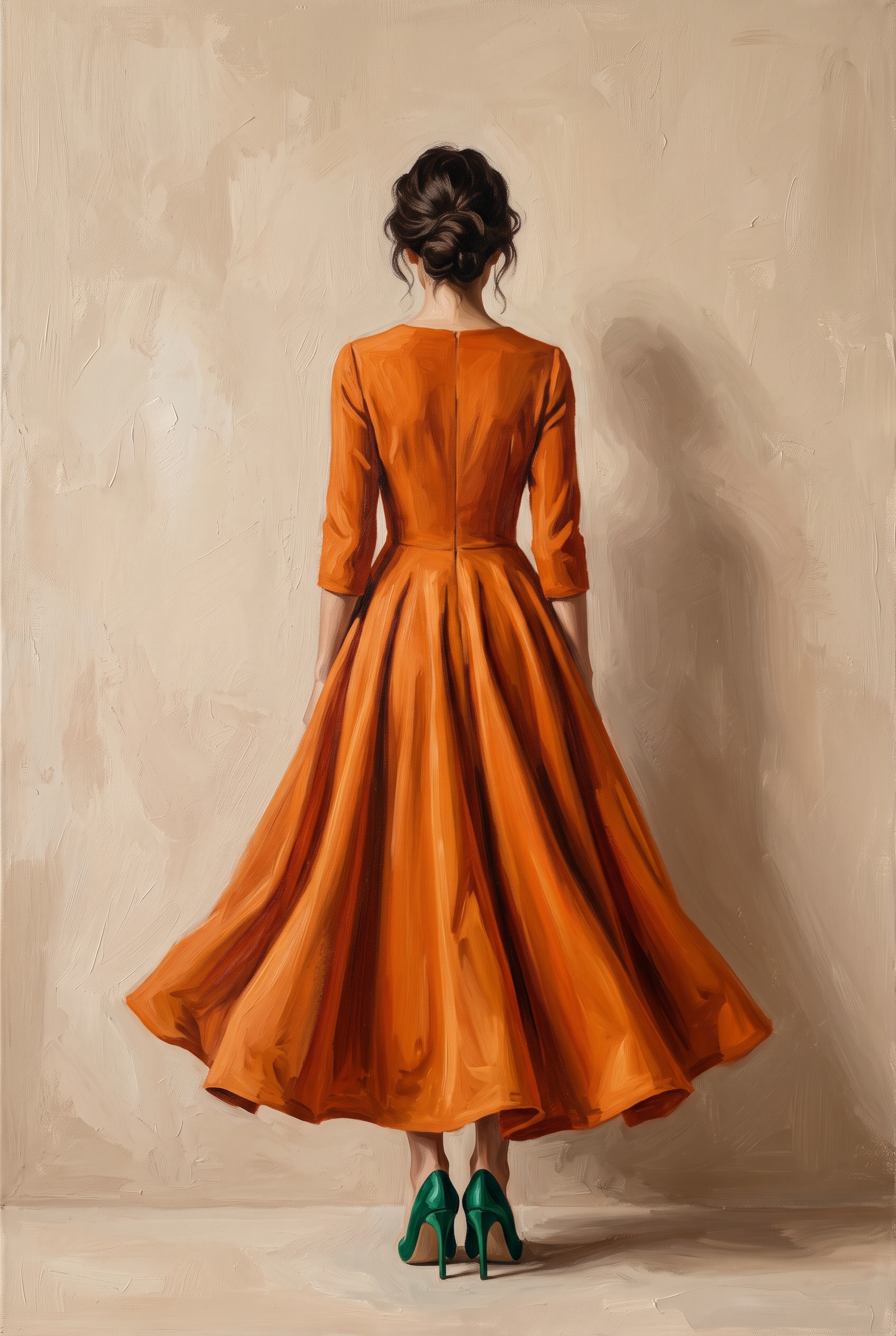Orange Muse - schilderij van een vrouw op de rug in oranje jurk met groene hakken