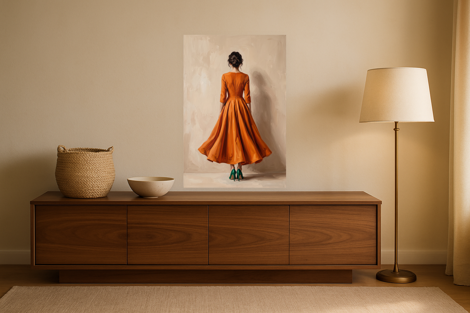 Orange Muse van Wandkraft op canvas zonder lijst, vlak aan de muur, in een warm, licht interieur.