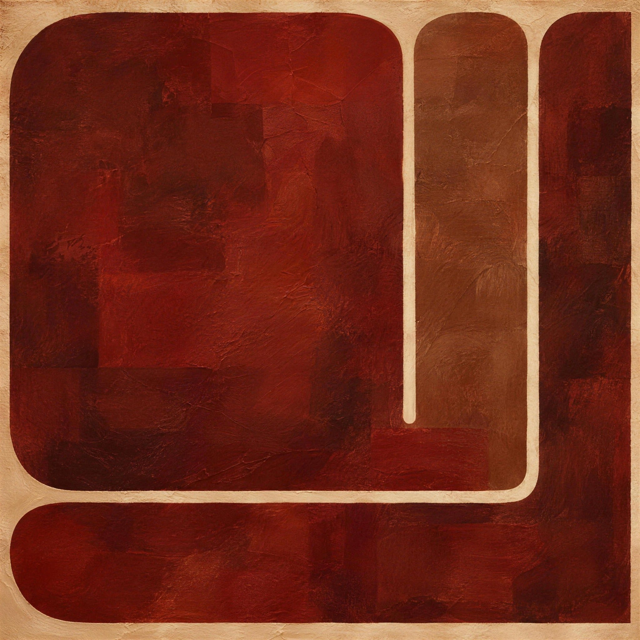Vierkant abstract werk met afgeronde vlakken in paprikarood en roest en een crème lus, Wandkraft