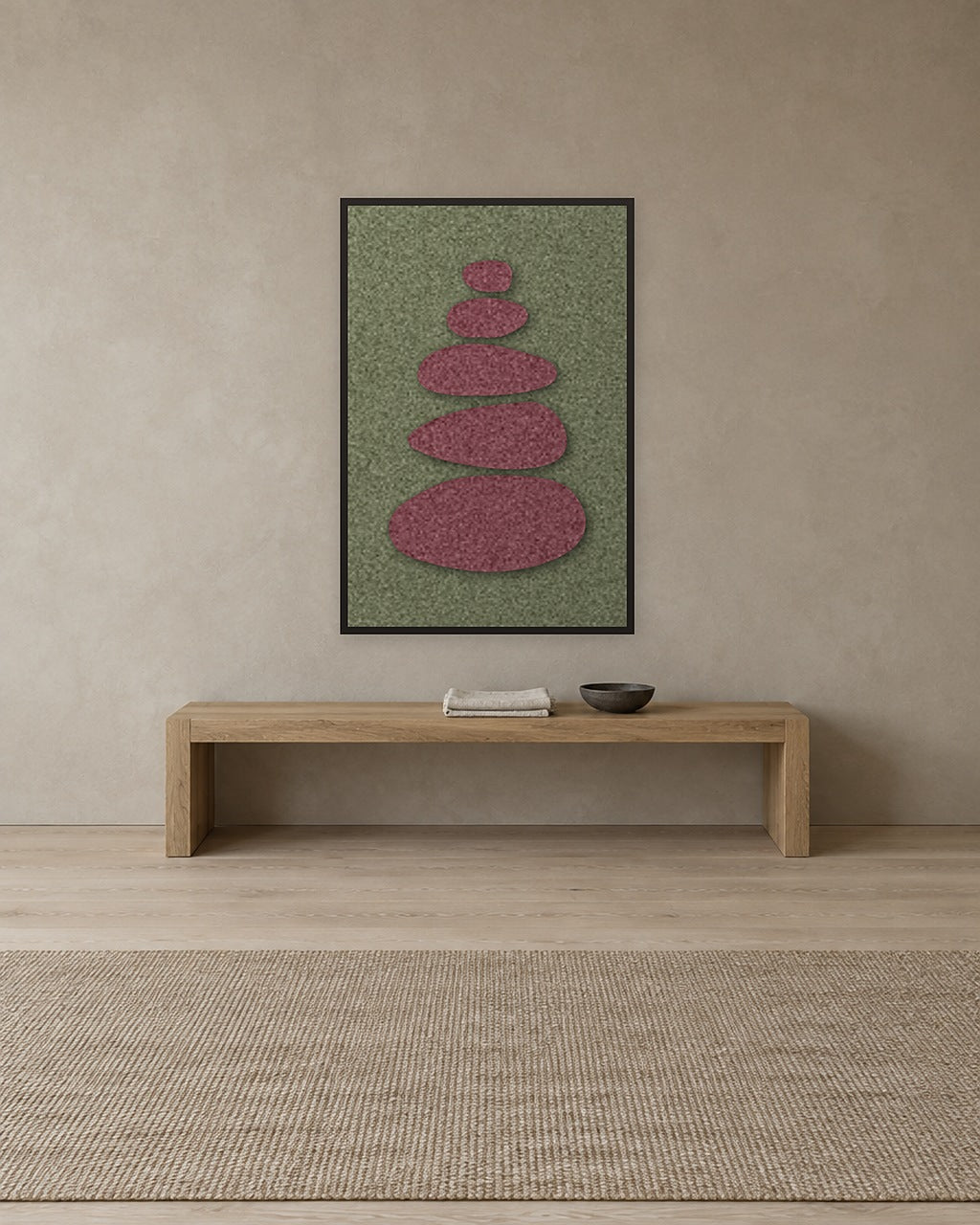 Pebble Cairn Berry viltpaneel aan de wand in een bohemian interieur