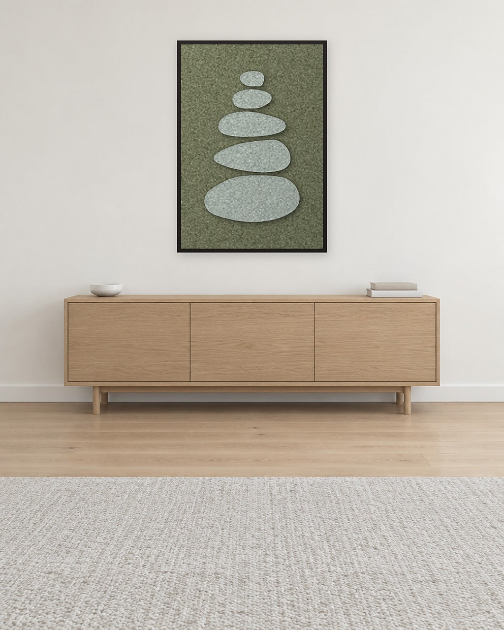 Pebble Cairn Forest viltpaneel aan de wand in een Scandinavisch interieur