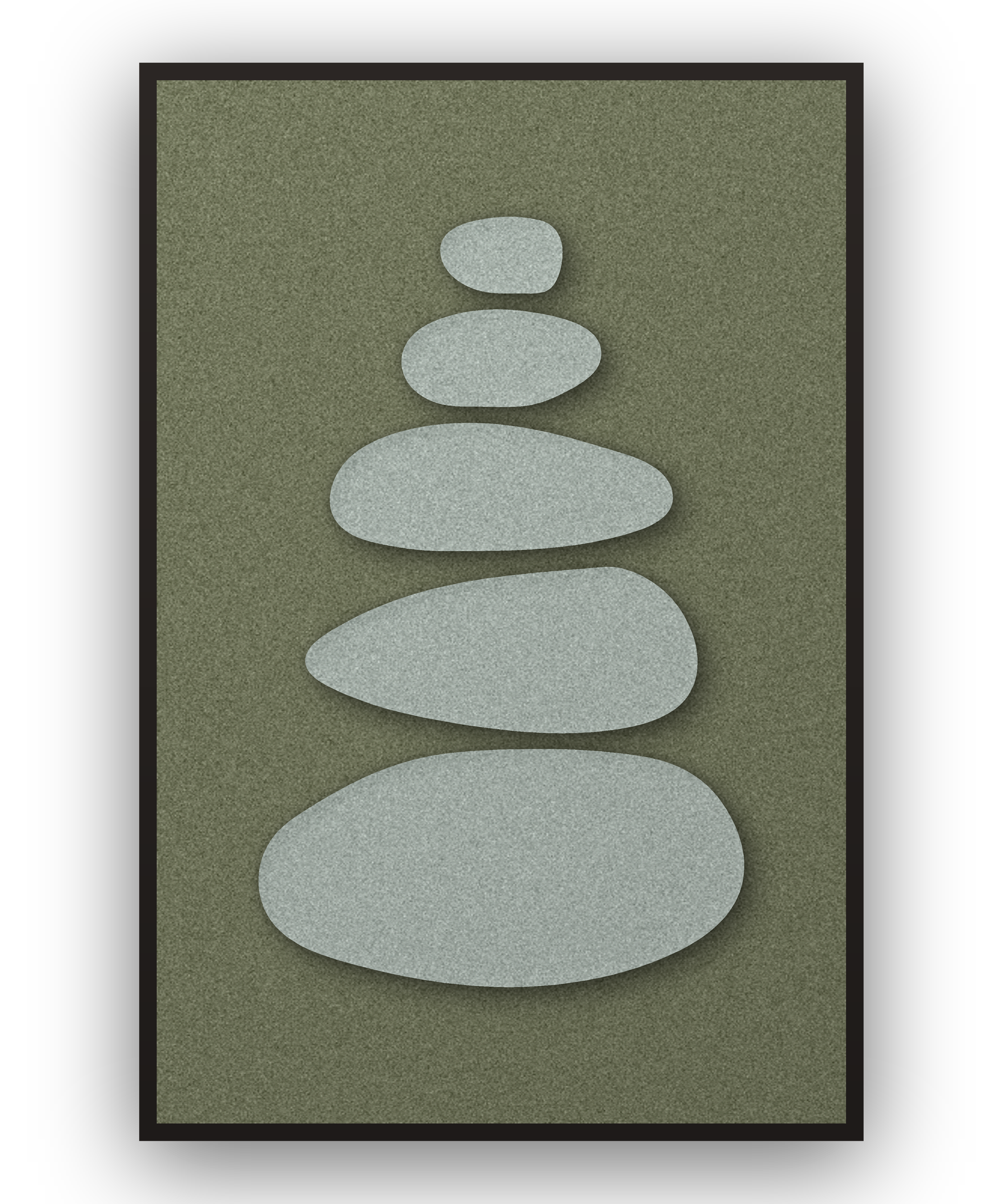 Pebble Cairn Forest akoestisch viltpaneel met opgelegde delen in taupe op bosgroen, zwarte baklijst