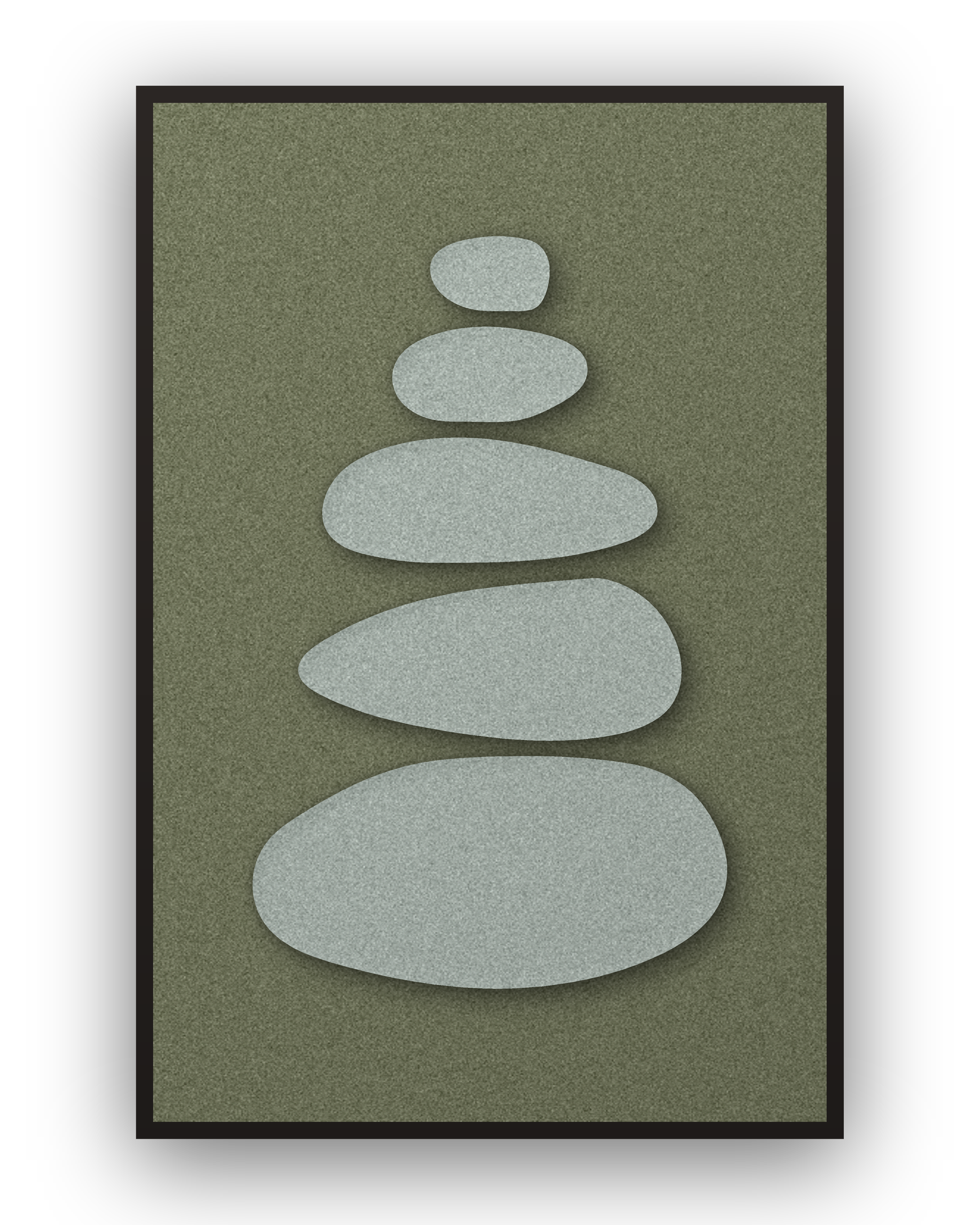 Pebble Cairn Forest akoestisch viltpaneel met opgelegde delen in taupe op bosgroen, zwarte baklijst