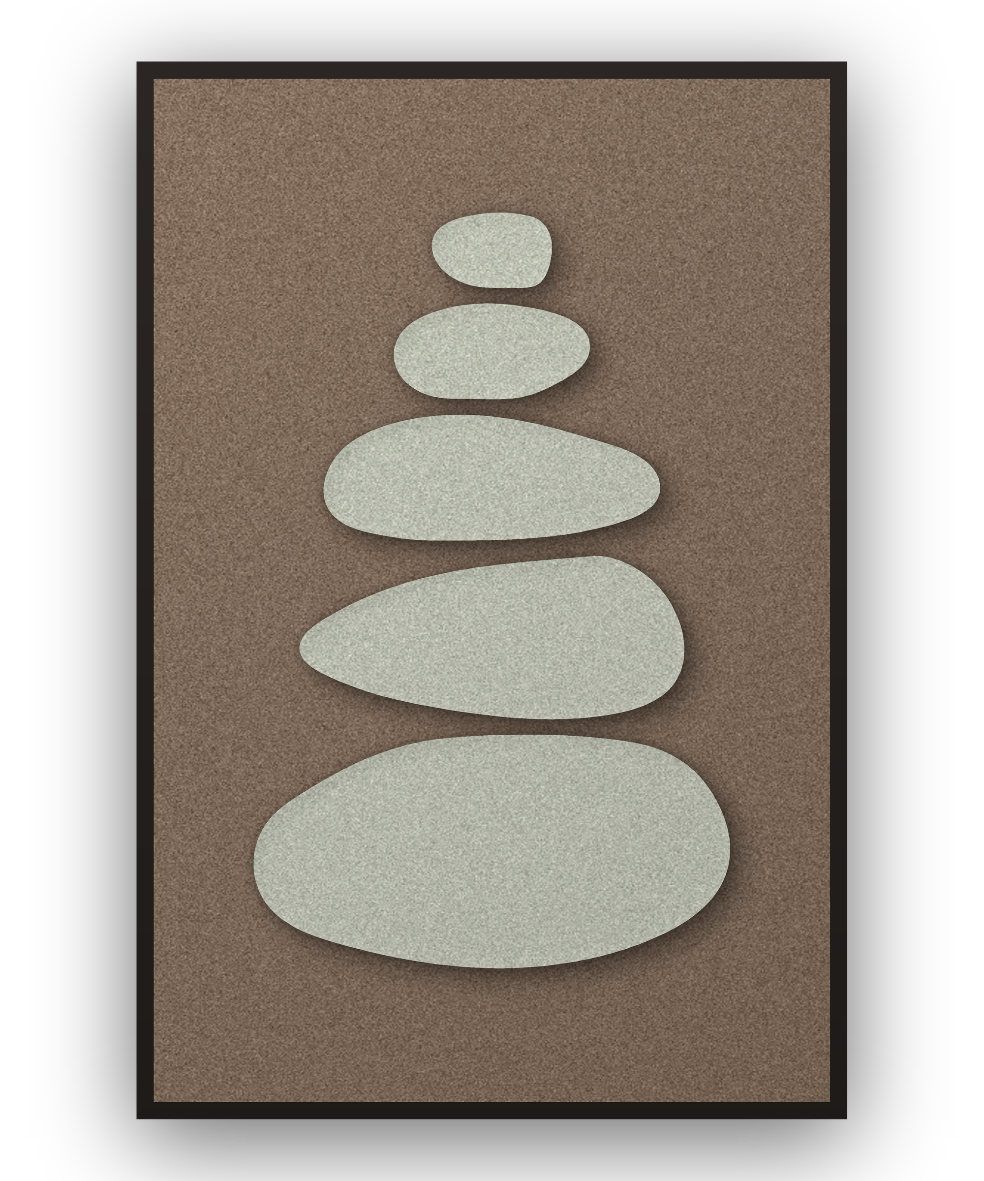 Pebble Cairn Mocha akoestisch viltpaneel met opgelegde delen in grijsgroen op koffiebruin, zwarte baklijst
