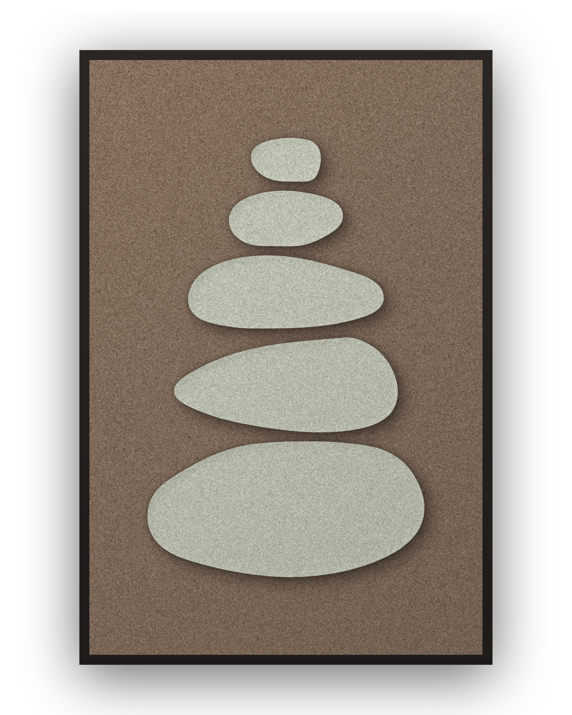 Pebble Cairn Mocha akoestisch viltpaneel met opgelegde delen in grijsgroen op koffiebruin, zwarte baklijst