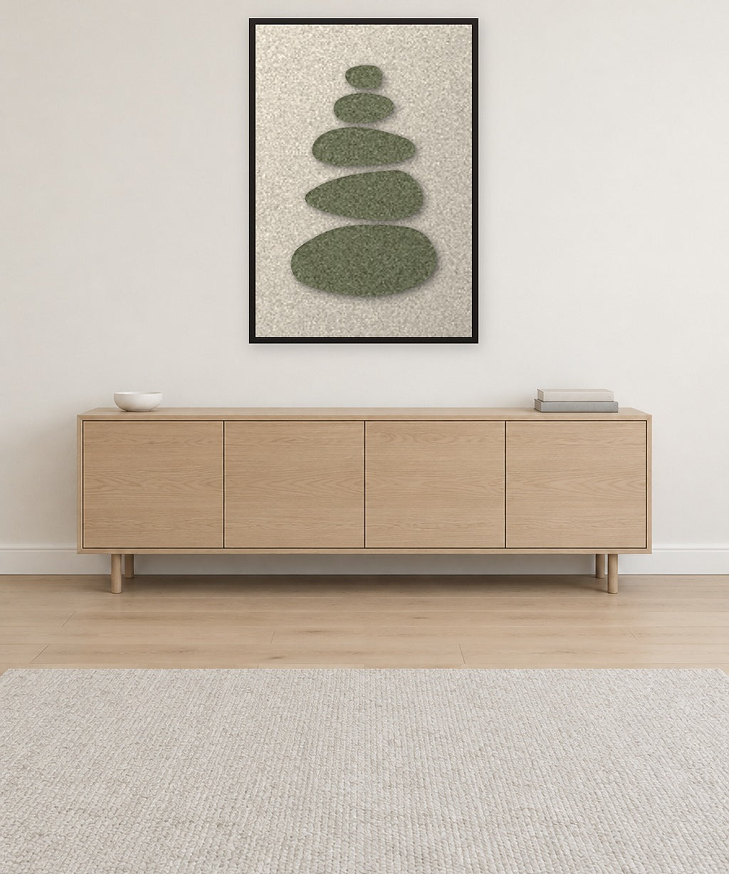 Pebble Cairn Sage viltpaneel aan de wand in een Scandinavisch interieur