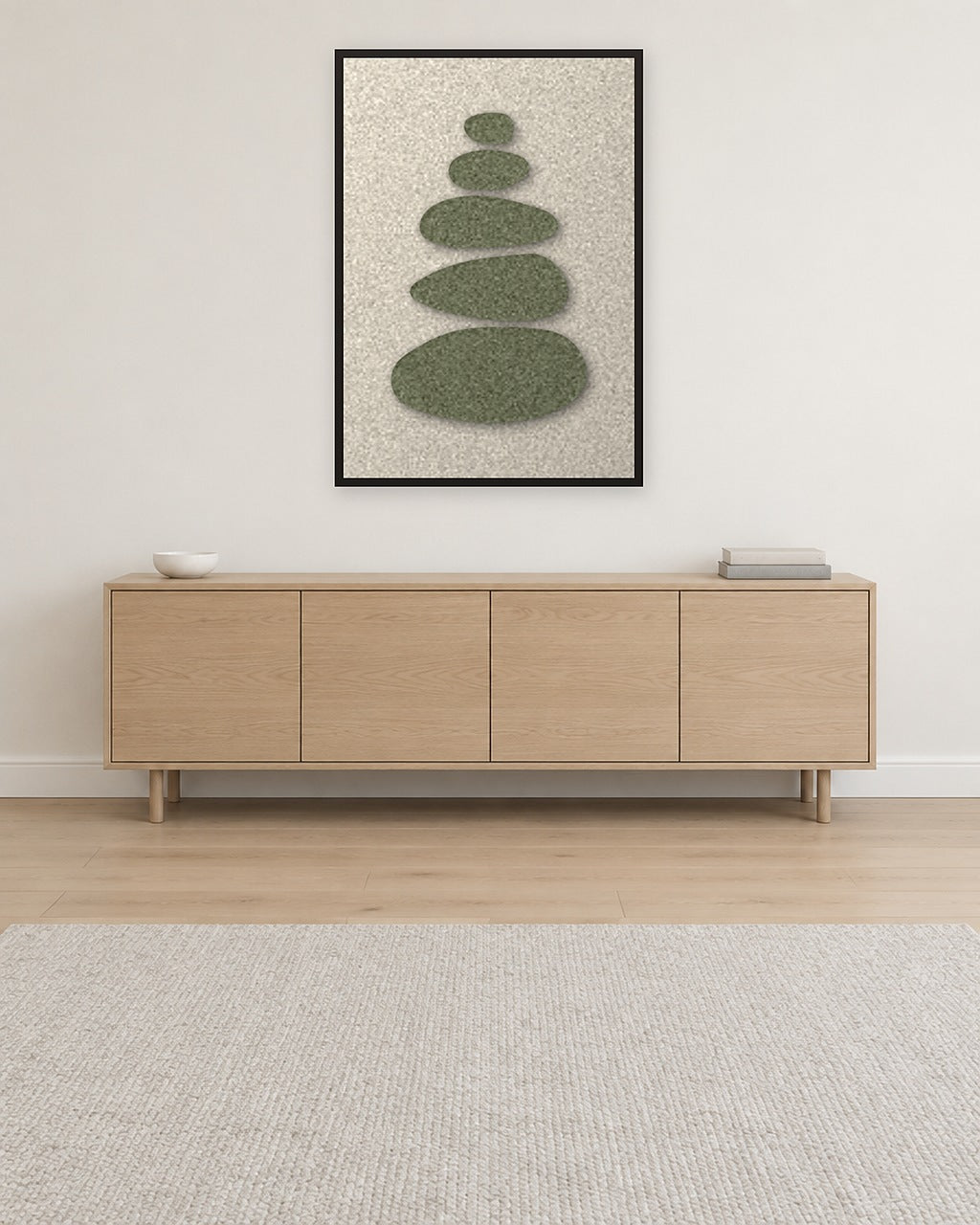 Pebble Cairn Sage viltpaneel aan de wand in een Scandinavisch interieur