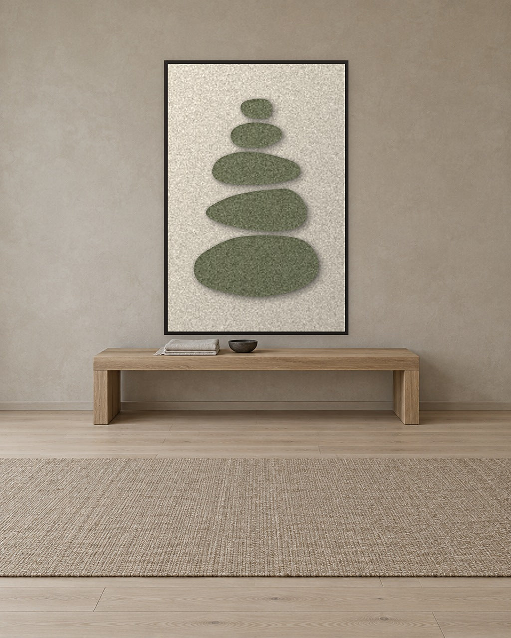 Pebble Cairn Sage viltpaneel aan de wand in een Scandinavisch interieur