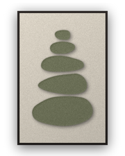 Pebble Cairn Sage Akustikfilz-Paneel mit aufgesetzten Elementen in Waldgrün auf Elfenbein, schwarzer Schattenfugenrahmen