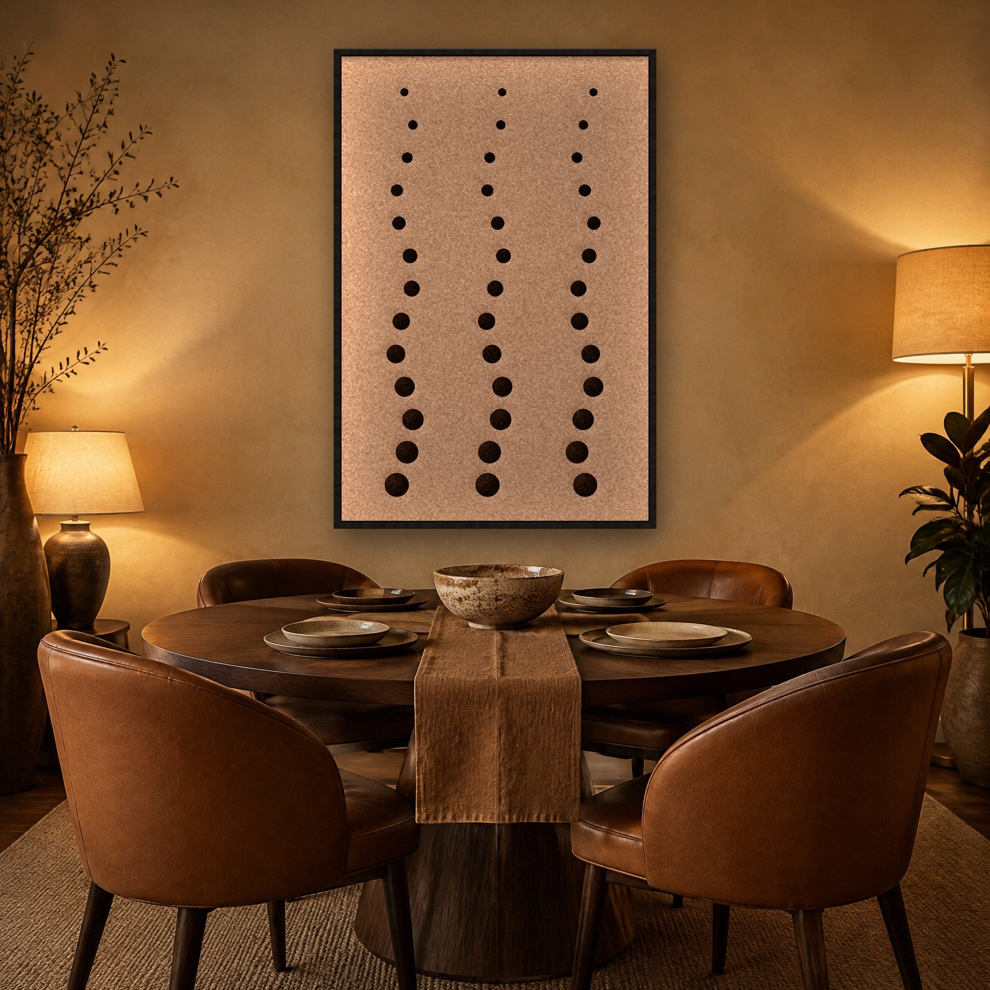 Pebble Rain viltpaneel met zwarte baklijst boven een ronde eettafel met cognac leren stoelen