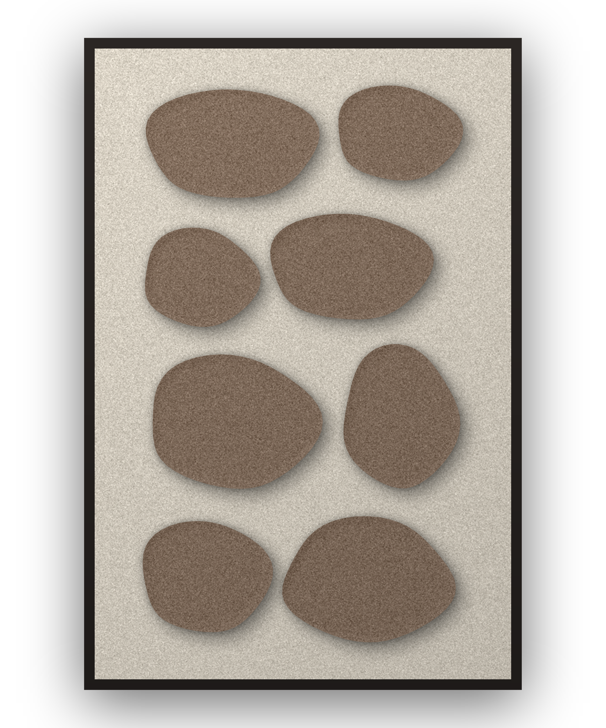 Pebble Mosaic Cocoa Akustikfilz-Paneel mit aufgesetzten Elementen in Kaffeebraun auf Elfenbein, schwarzer Schattenfugenrahmen