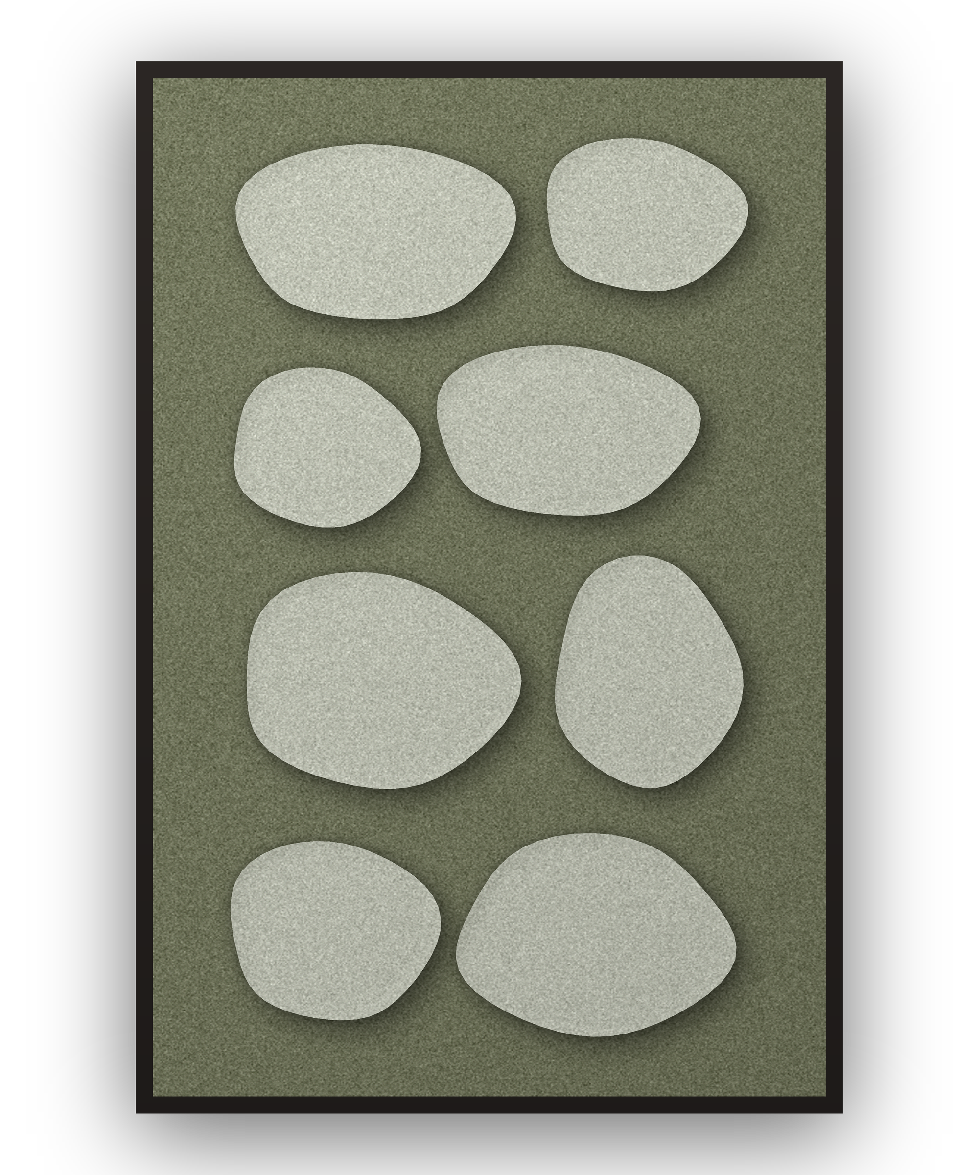 Pebble Mosaic Fern Akustikfilz-Paneel mit aufgesetzten Elementen in Graugrün auf Waldgrün, schwarzer Schattenfugenrahmen