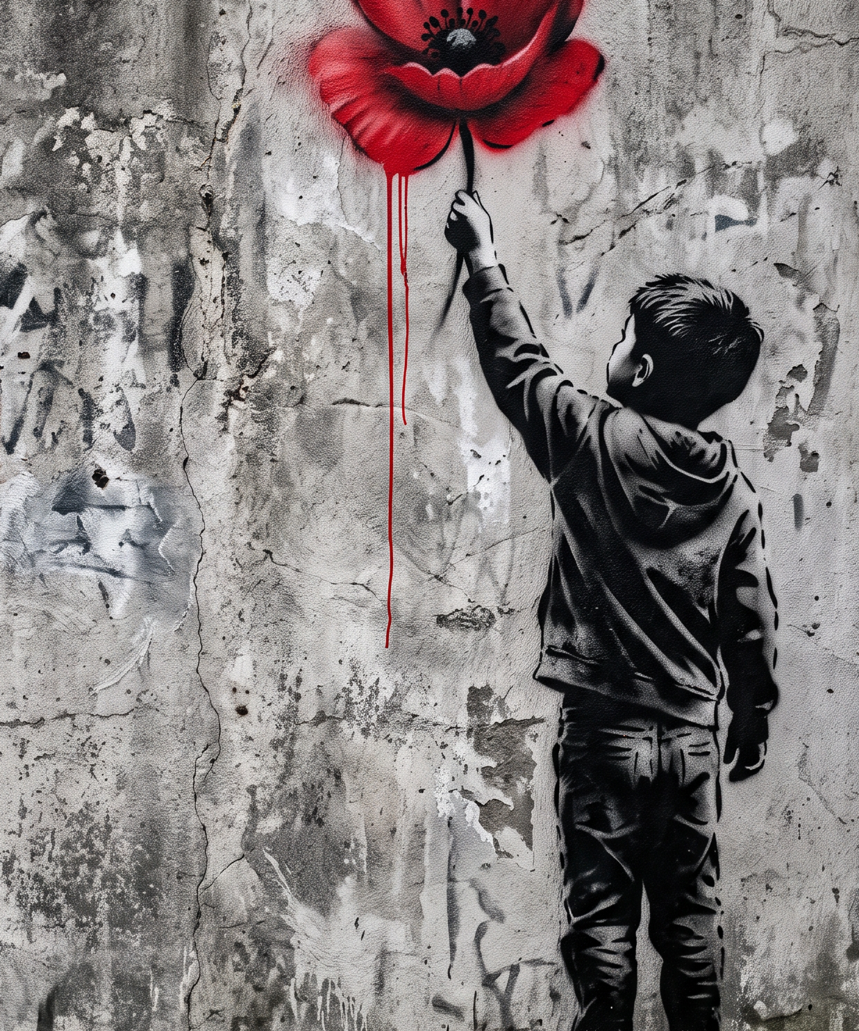 Poppy Reach - street art schilderij van een jongen die naar een rode klaproos reikt in zwart-wit
