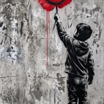 Poppy Reach - street art schilderij van een jongen die naar een rode klaproos reikt in zwart-wit
