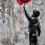 Poppy Reach - street art schilderij van een jongen die naar een rode klaproos reikt in zwart-wit