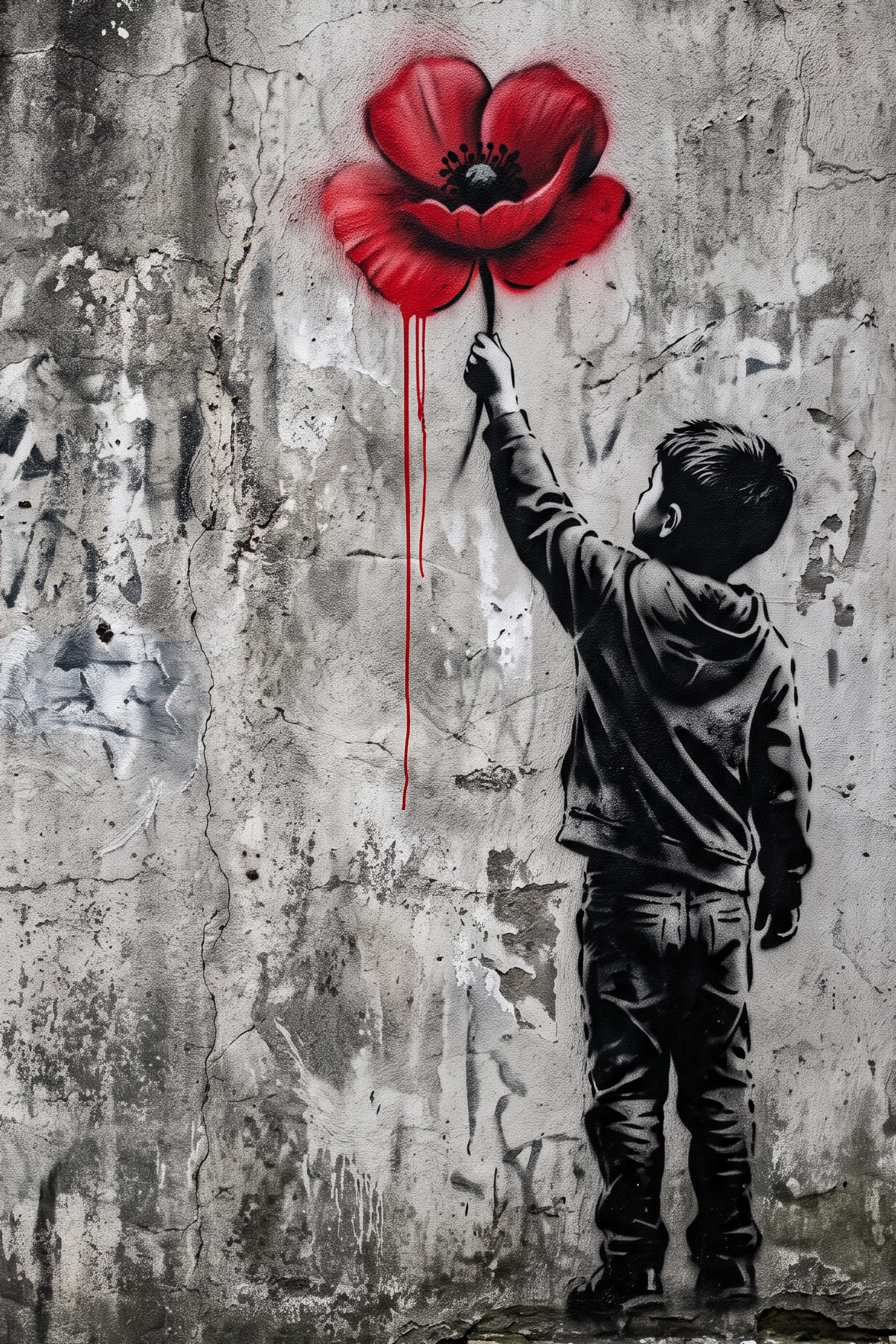 Poppy Reach - street art schilderij van een jongen die naar een rode klaproos reikt in zwart-wit