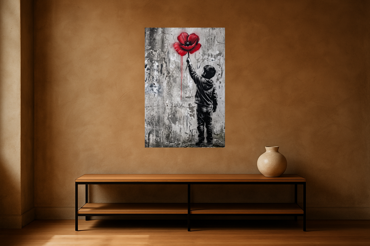 Poppy Reach van Wandkraft op canvas zonder lijst, vlak aan de muur, in een stoere loft.