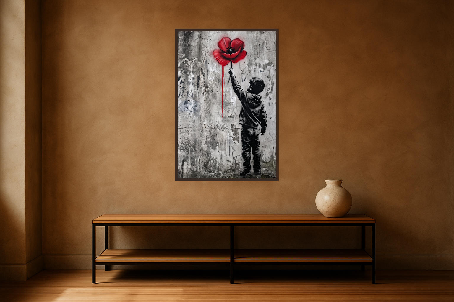 Poppy Reach van Wandkraft op canvas in wenge baklijst, in een stoere loft.