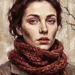 Quiet Ember - vrouwenportret met bordeauxrode sjaal, Wandkraft
