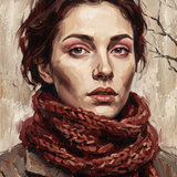 Quiet Ember - vrouwenportret met bordeauxrode sjaal, Wandkraft