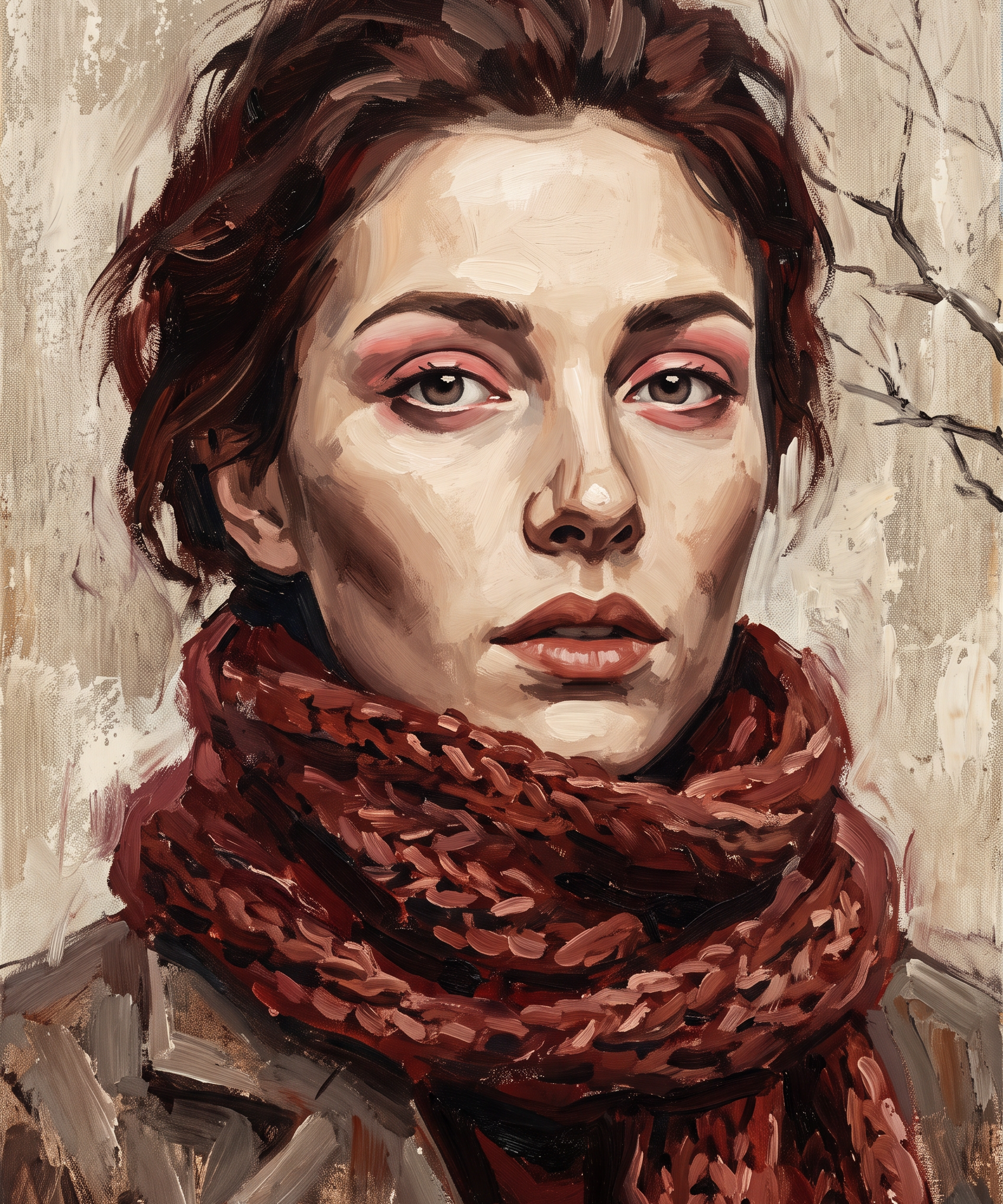 Quiet Ember - vrouwenportret met bordeauxrode sjaal, Wandkraft