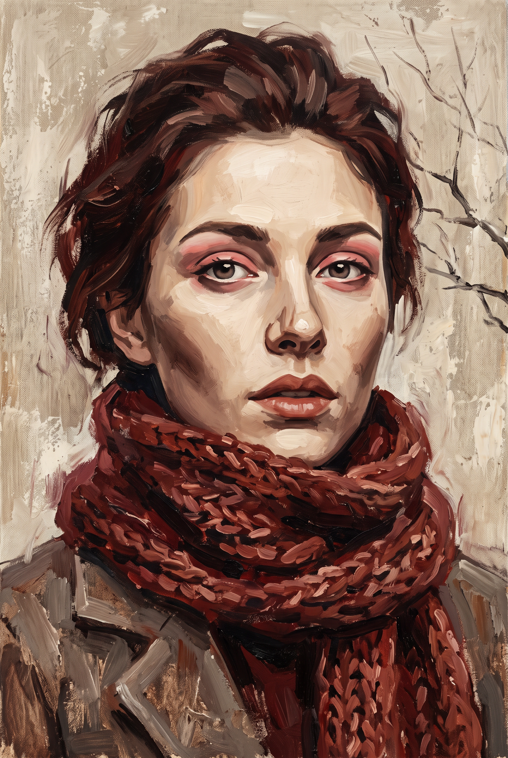 Quiet Ember - vrouwenportret met bordeauxrode sjaal, Wandkraft