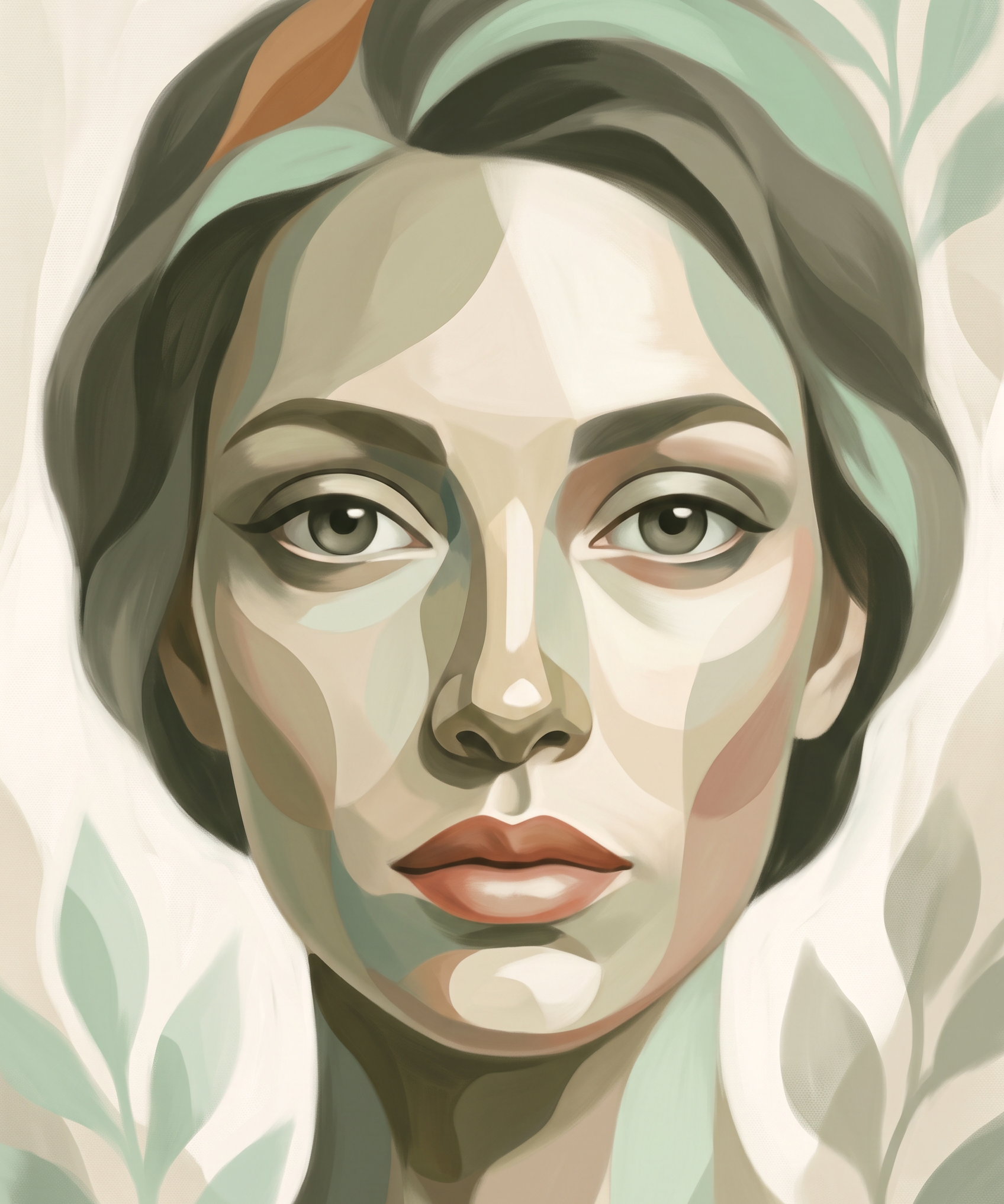 Quiet Facets - grafisch vrouwenportret in saliegroen, Wandkraft