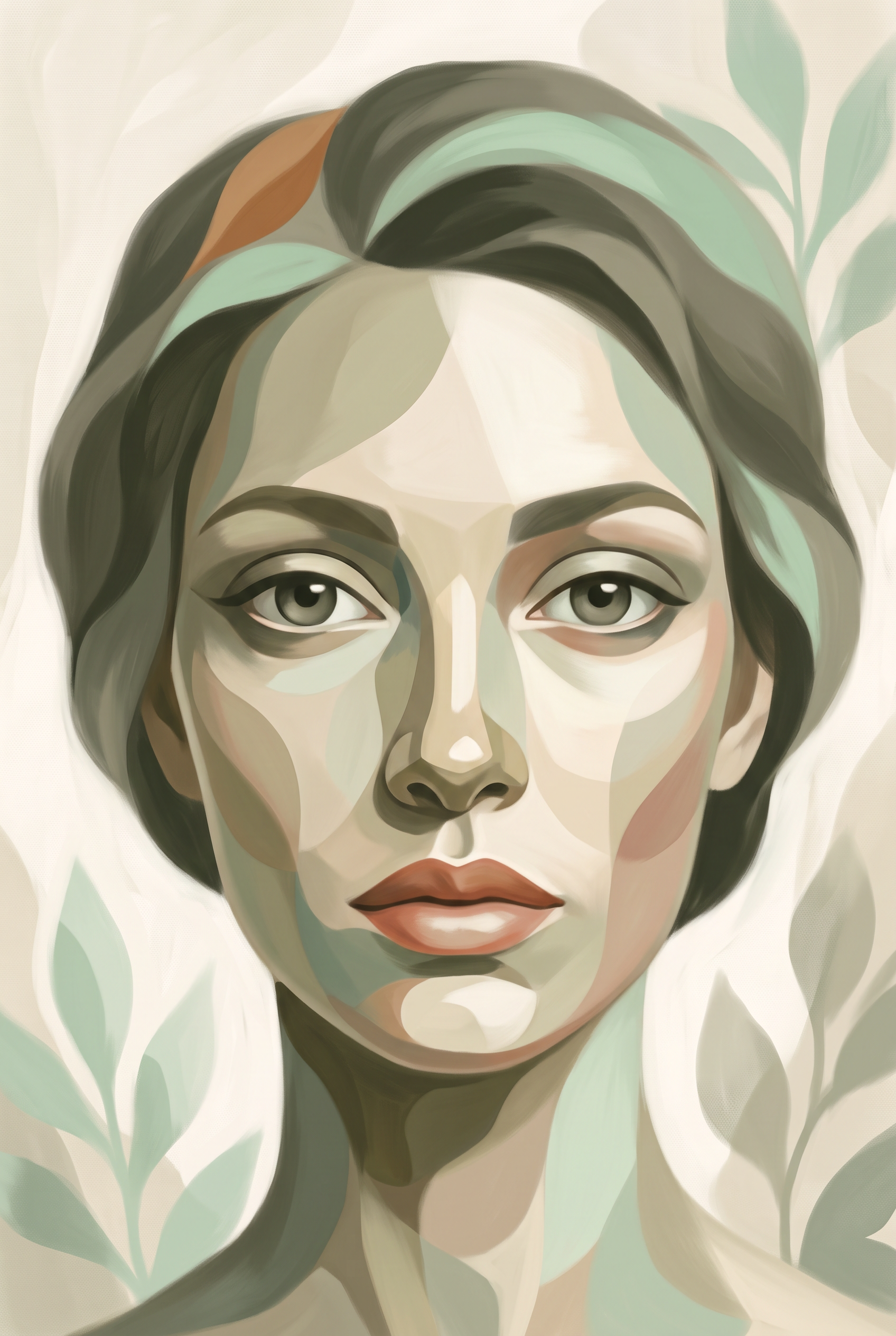 Quiet Facets - grafisch vrouwenportret in saliegroen, Wandkraft