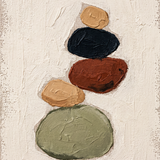 Quiet Pebble wanddecoratie van Wandkraft: rustige organische vormen in balans, geinspireerd op keramiek en kiezels, met ruime witruimte, in warm zand, diep inktzwart, gebrand klei, zachte olijfgroen.