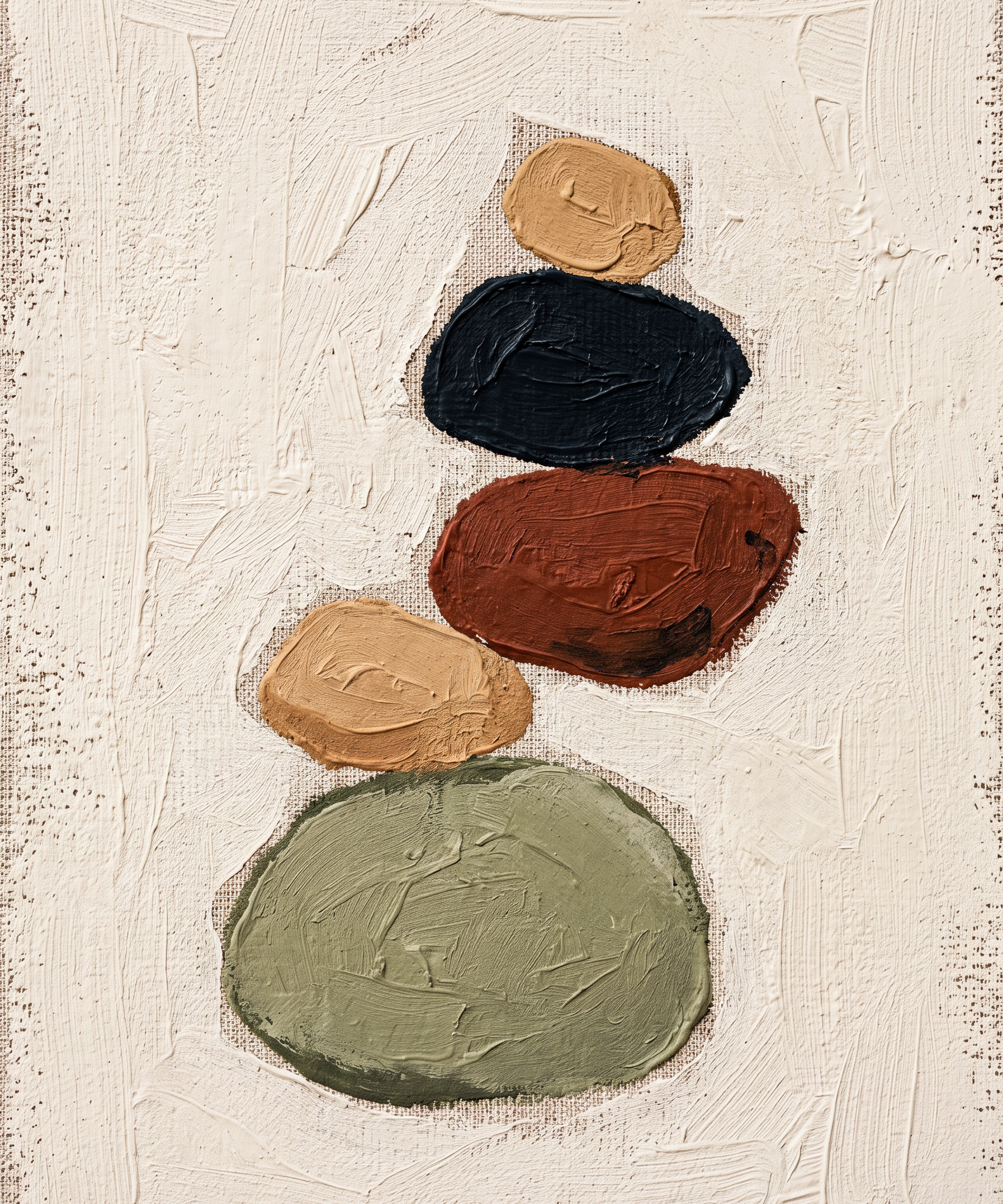 Quiet Pebble wanddecoratie van Wandkraft: rustige organische vormen in balans, geinspireerd op keramiek en kiezels, met ruime witruimte, in warm zand, diep inktzwart, gebrand klei, zachte olijfgroen.