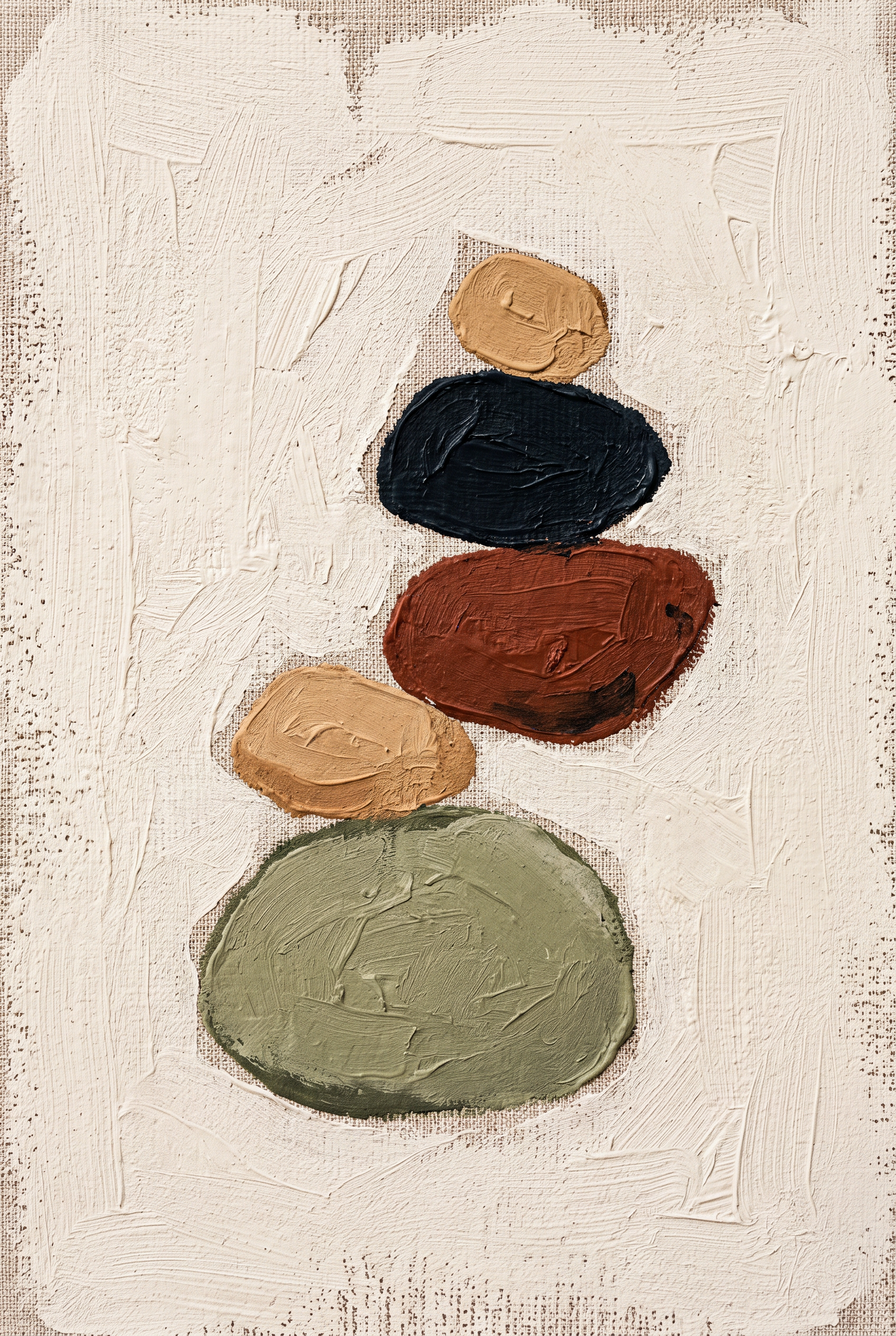 Quiet Pebble wanddecoratie van Wandkraft: rustige organische vormen in balans, geinspireerd op keramiek en kiezels, met ruime witruimte, in warm zand, diep inktzwart, gebrand klei, zachte olijfgroen.