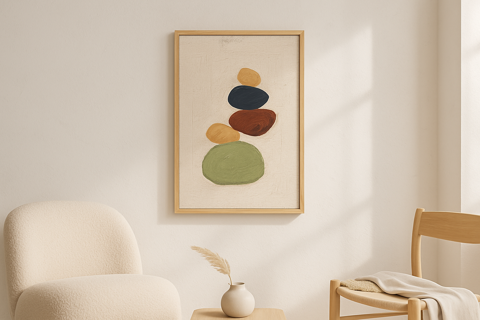 Quiet Pebble van Wandkraft op akoestisch vilt in blanke baklijst, in een licht Scandinavisch interieur.