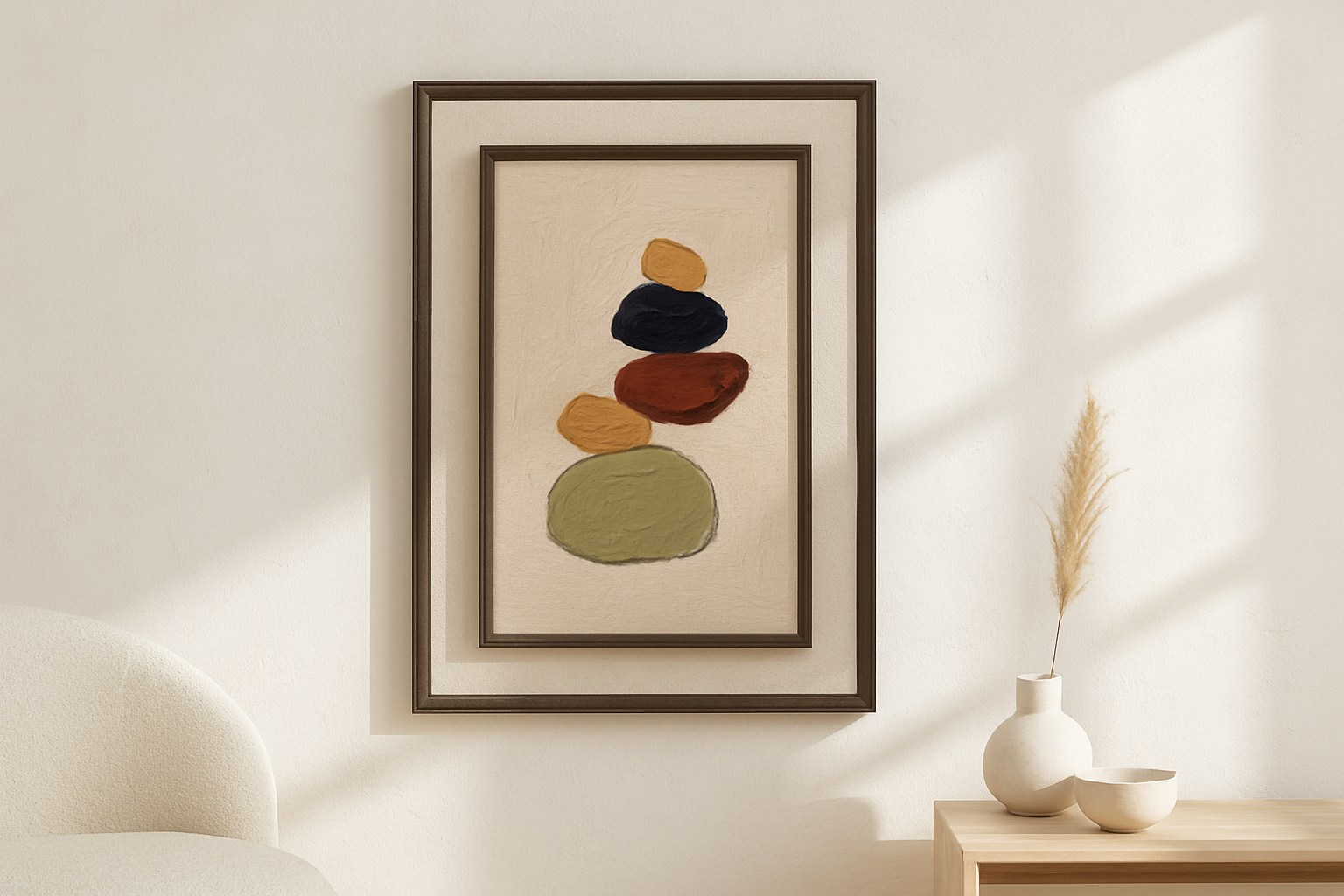 Quiet Pebble van Wandkraft op akoestisch vilt in wenge baklijst, in een licht Scandinavisch interieur.