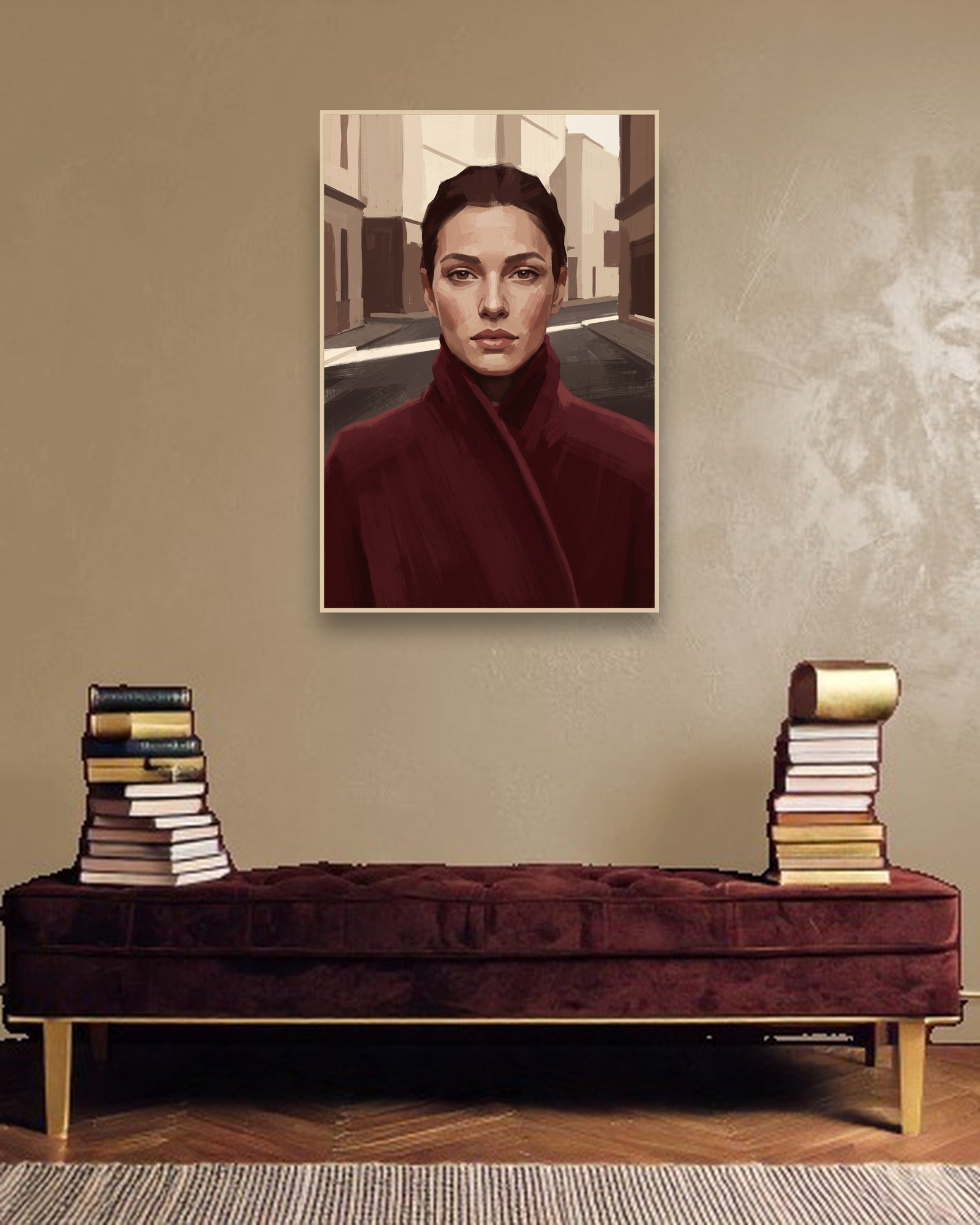 Red Coat ambiance avec cadre en bois clair dans un intérieur de luxe moderne