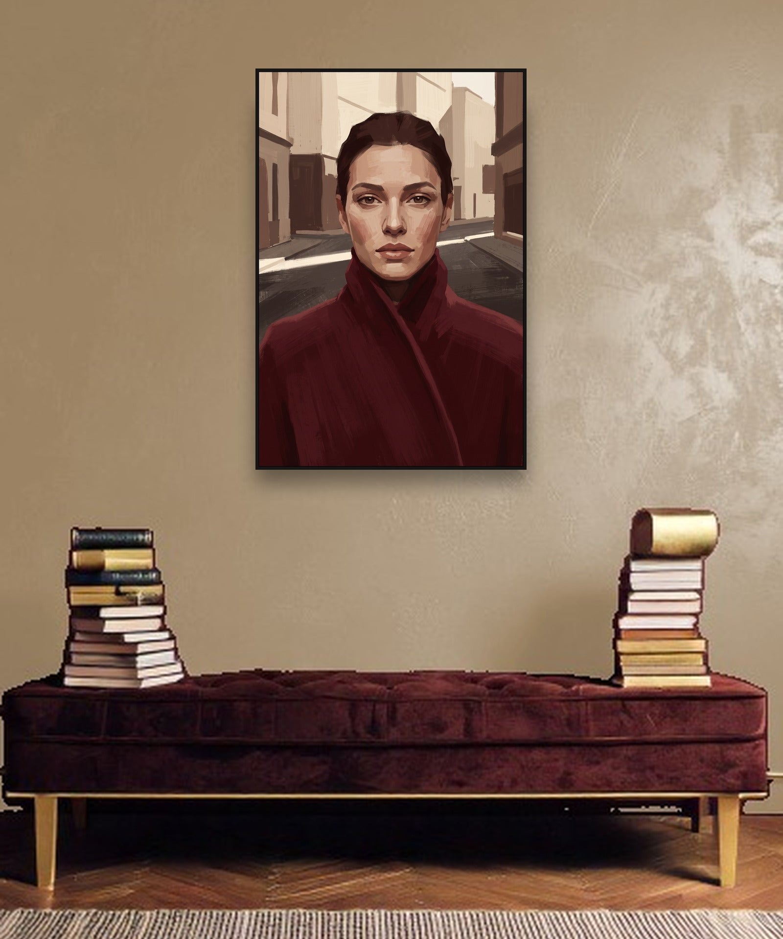 Red Coat ambiance avec cadre caisse noir dans un intérieur de luxe moderne