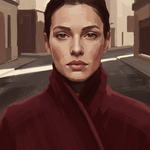 Red Coat - vrouw in dieprode jas, stedelijke achtergrond, Wandkraft