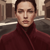 Red Coat - vrouw in dieprode jas, stedelijke achtergrond, Wandkraft