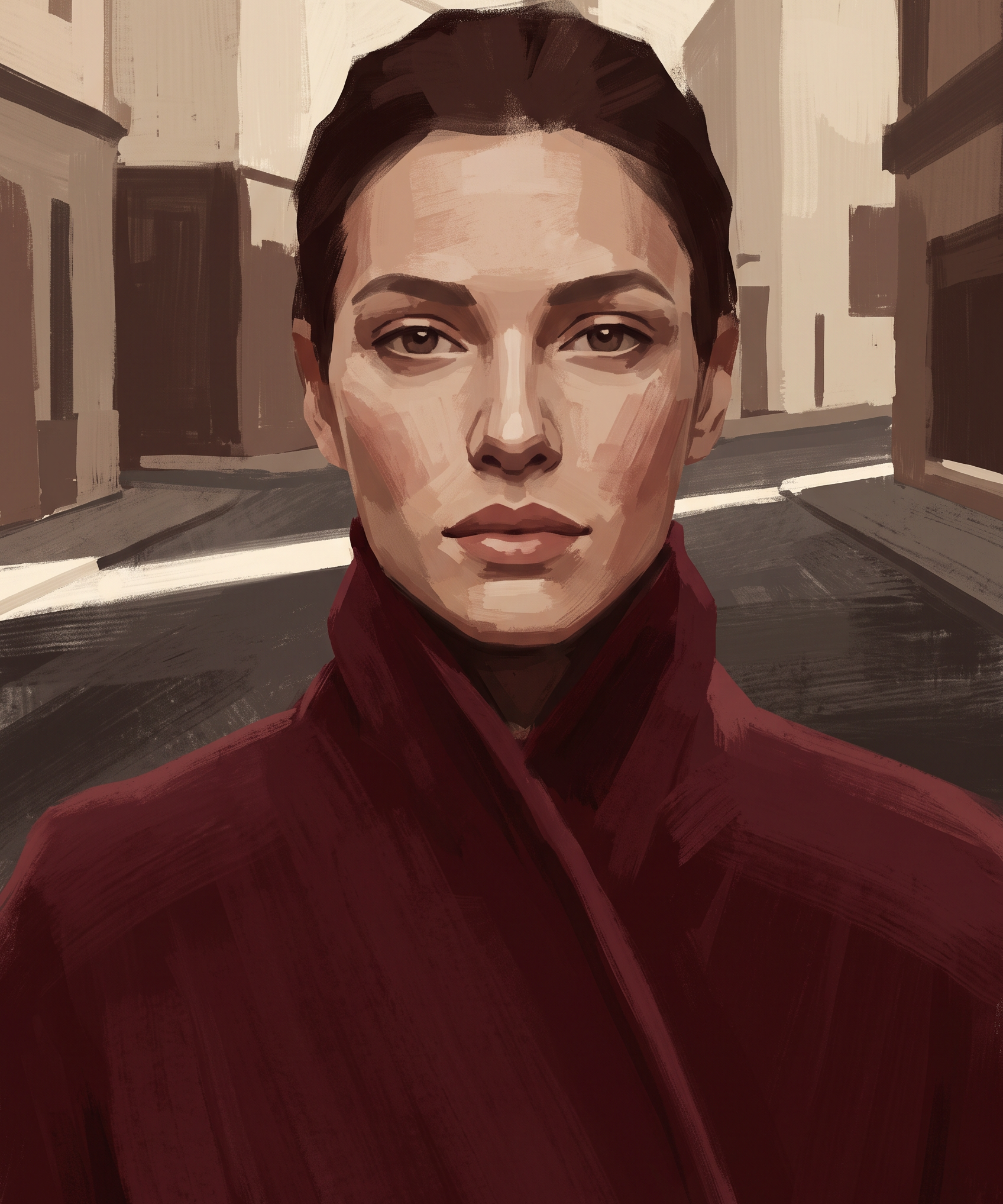 Red Coat - vrouw in dieprode jas, stedelijke achtergrond, Wandkraft