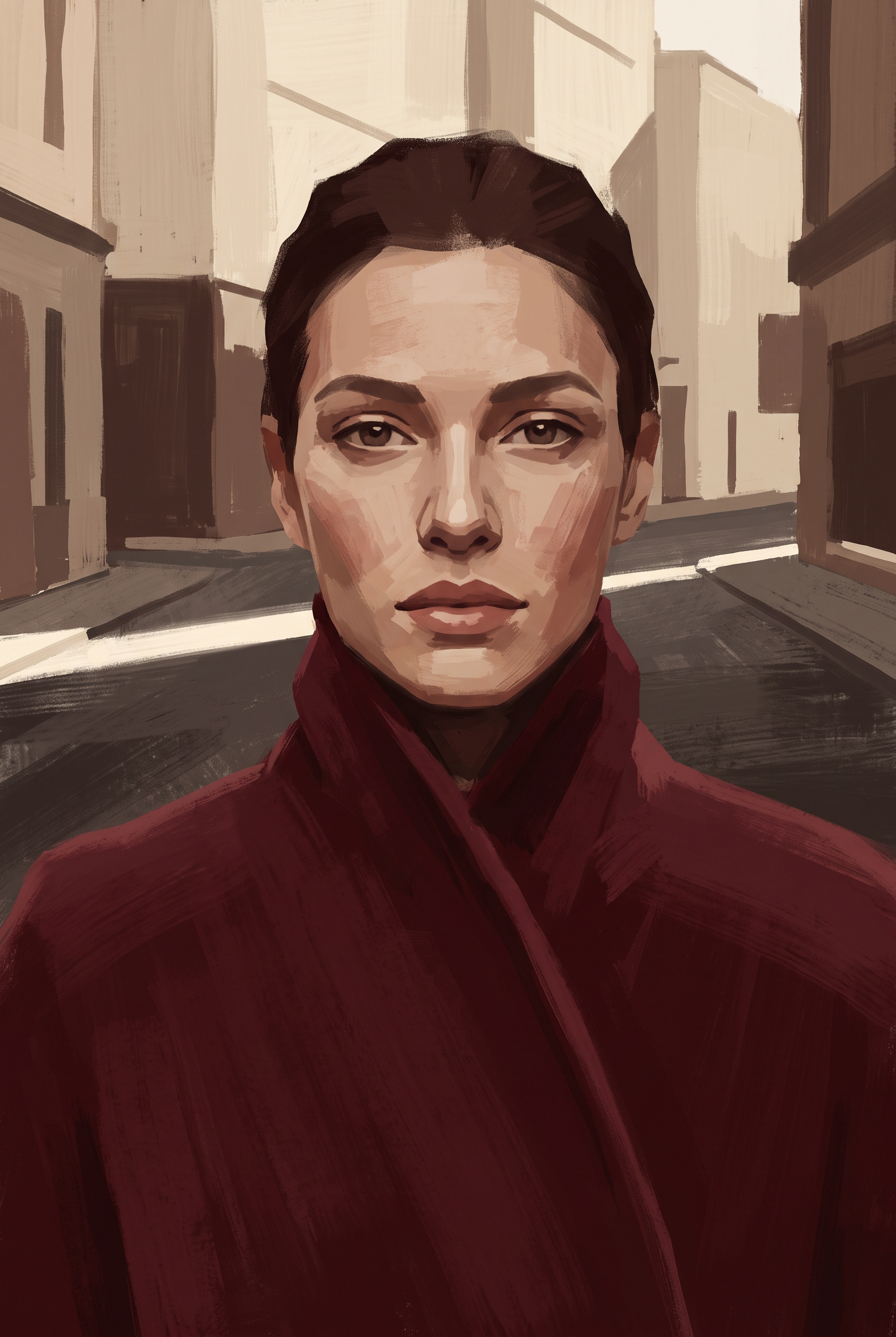 Red Coat - vrouw in dieprode jas, stedelijke achtergrond, Wandkraft
