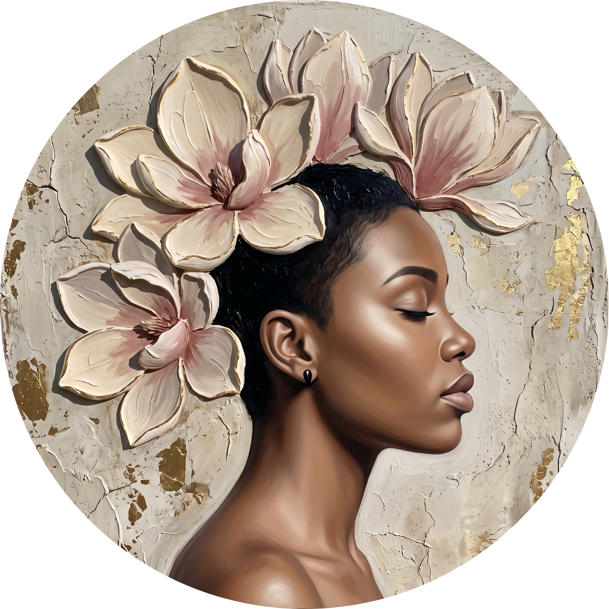 Magnolia Stillness, rond kunstwerk op dibond van Wandkraft, Faces