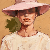 Rose Brim wanddecoratie van Wandkraft: een frontaal geschilderd vrouwelijk figuur met een brede poederroze zonnehoed waarvan de rand de ogen in schaduw laat, in een eenvoudige roomwitte blouse, in warm oker als achtergrond, poederroze, gebrand terracotta, roomwit linnen en een vlek olijfgroen.