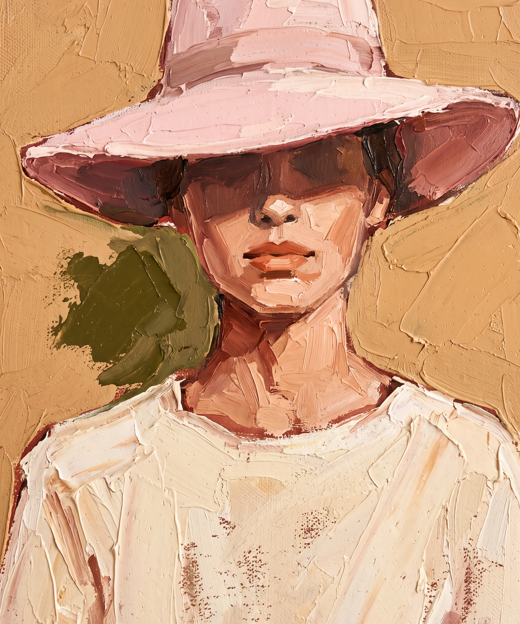 Rose Brim wanddecoratie van Wandkraft: een frontaal geschilderd vrouwelijk figuur met een brede poederroze zonnehoed waarvan de rand de ogen in schaduw laat, in een eenvoudige roomwitte blouse, in warm oker als achtergrond, poederroze, gebrand terracotta, roomwit linnen en een vlek olijfgroen.