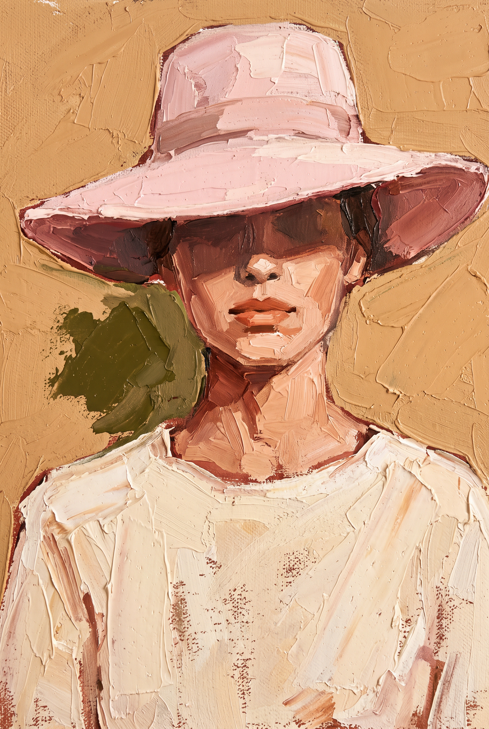 Rose Brim wanddecoratie van Wandkraft: een frontaal geschilderd vrouwelijk figuur met een brede poederroze zonnehoed waarvan de rand de ogen in schaduw laat, in een eenvoudige roomwitte blouse, in warm oker als achtergrond, poederroze, gebrand terracotta, roomwit linnen en een vlek olijfgroen.