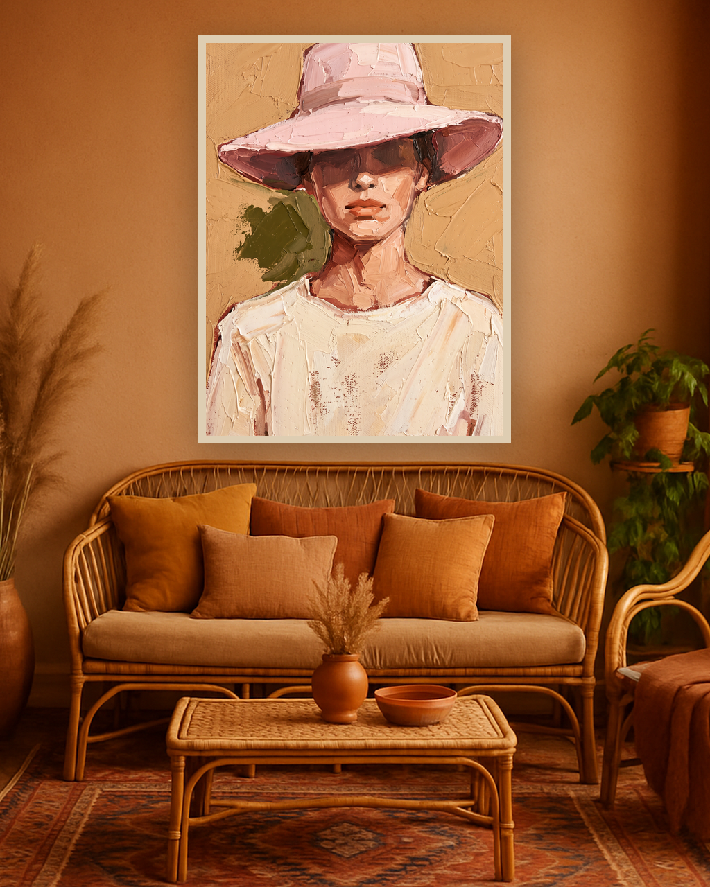 Rose Brim van Wandkraft op canvas in blanke baklijst, in een warm bohemian interieur.