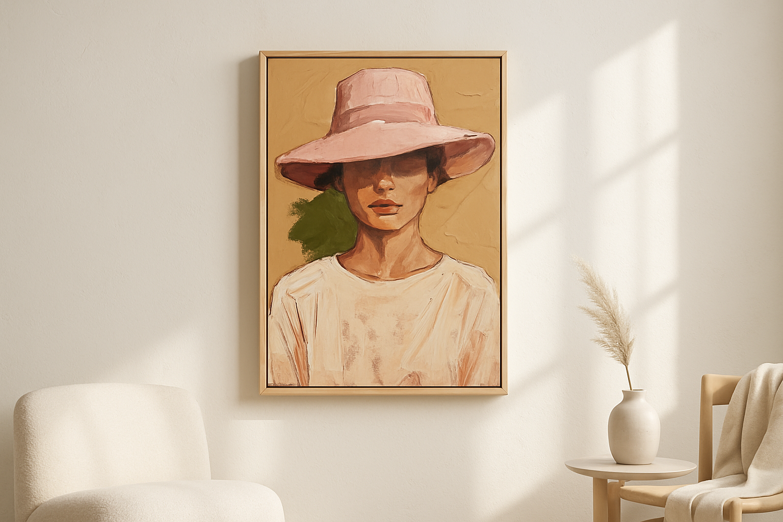 Rose Brim van Wandkraft op canvas in blanke baklijst, in een licht Scandinavisch interieur.