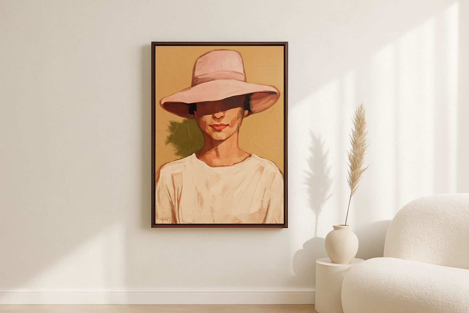 Rose Brim van Wandkraft op canvas in wenge baklijst, in een licht Scandinavisch interieur.