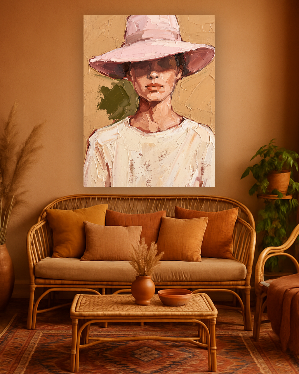 Rose Brim van Wandkraft op canvas zonder lijst, vlak aan de muur, in een warm bohemian interieur.