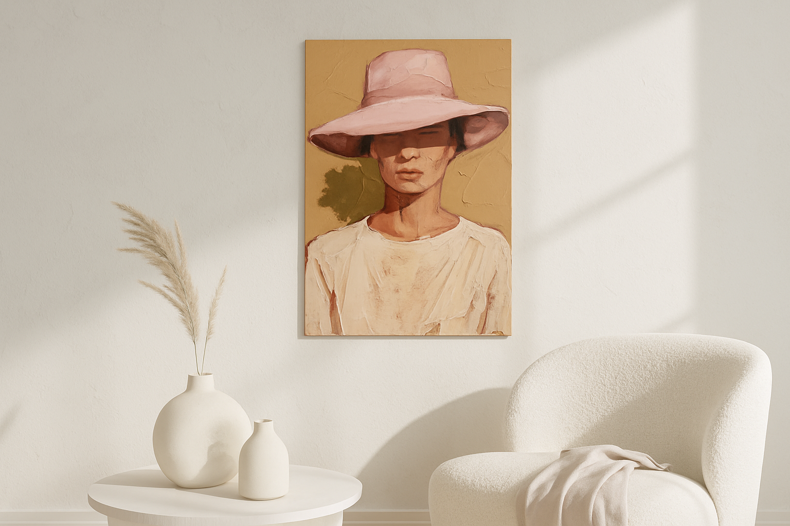 Rose Brim van Wandkraft op canvas zonder lijst, vlak aan de muur, in een licht Scandinavisch interieur.